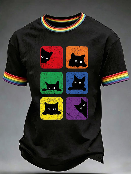 Men's Pride Month Rainbow Cat Art Short Sleeve T-shirt