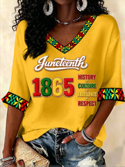 Women's Juneteenth Print Casual V-Neck Waffle Top