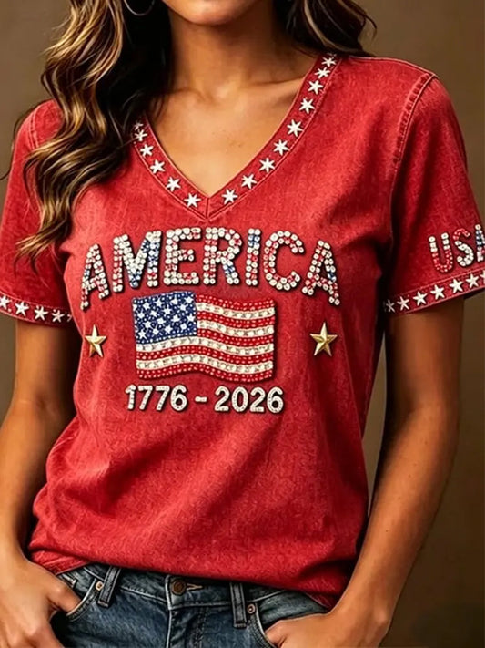 Women's Independence Day  Flag Art Print Casual V-neck Short Sleeve T-shirt
