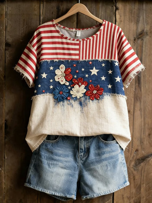 Women's America Floral linen Printed Casual T-Shirt