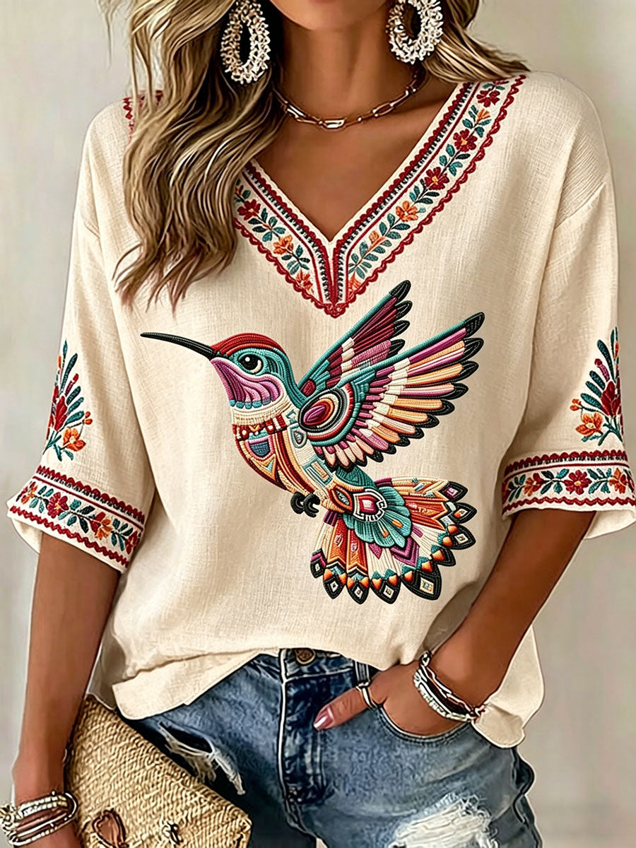 Women's Indigenous Hummingbird Art V-Neck Tops
