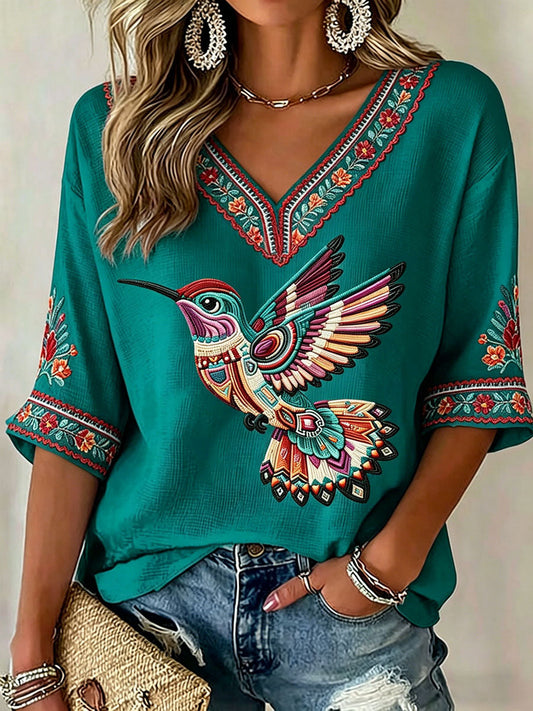 Women's Indigenous Hummingbird Art V-Neck Tops