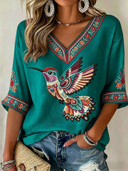Women's Indigenous Hummingbird Art V-Neck Tops