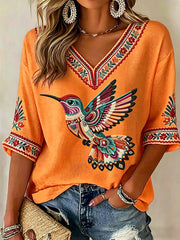 Women's Indigenous Hummingbird Art V-Neck Tops
