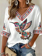 Women's Indigenous Hummingbird Art V-Neck Tops