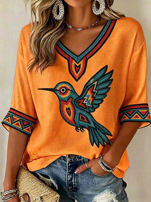 Women's Indigenous Hummingbird Art V-Neck Tops