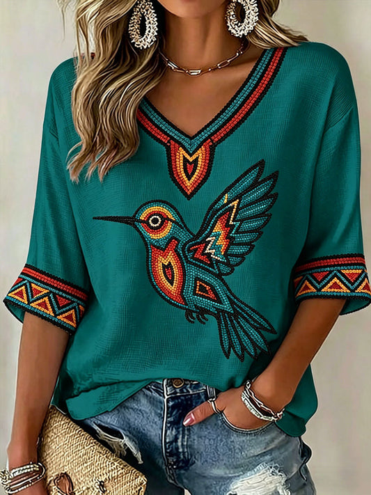 Women's Indigenous Hummingbird Art V-Neck Tops