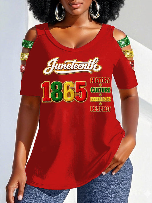 Women's Juneteenth 1865 Print Casual Hollow Sleeves Top