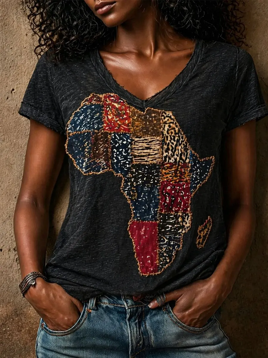Women's African Map Patchwork Graphic linen short-sleeved T-shirt