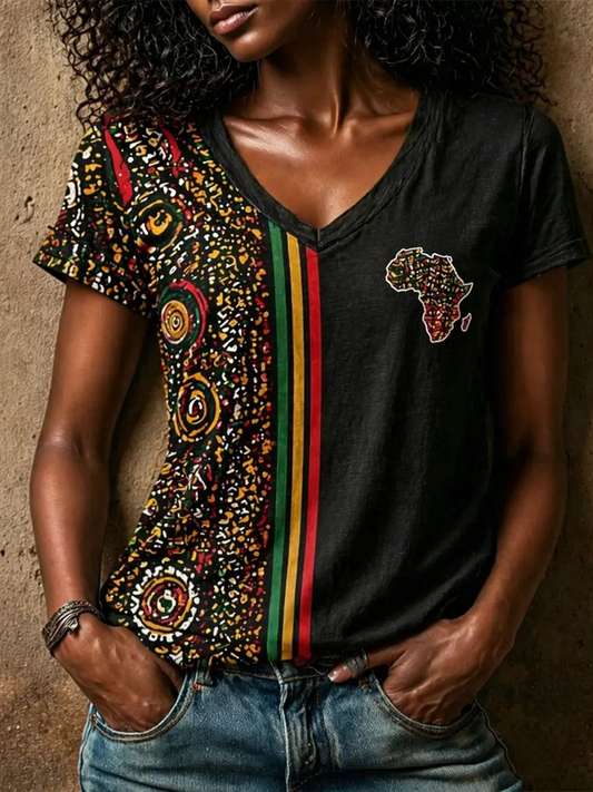 Women's African Map Patchwork Print  linen short-sleeved T-shirt