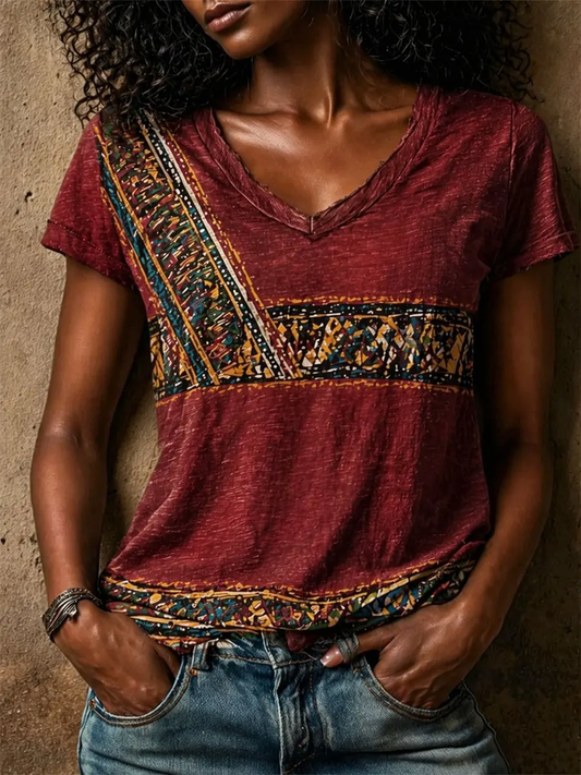 Women's Boho Patchwork Printed linen short-sleeved T-shirt