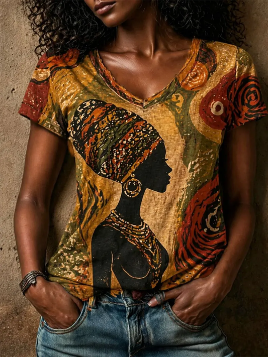 Women's African Woman Silhouette Graphic linen short-sleeved T-shirt
