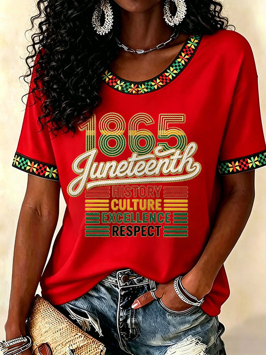 Women's Juneteenth History Culture Excellence Respect Print Casual Tee