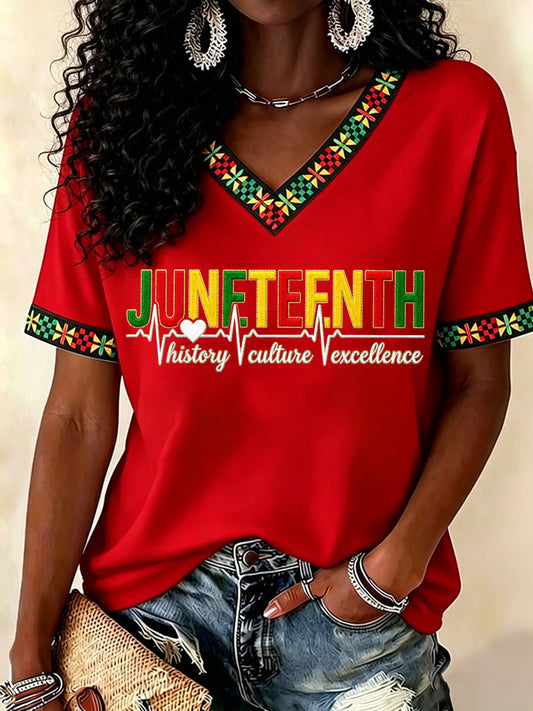 Women's Juneteenth History Culture Excellence Respect Print Casual V-Neck Tee