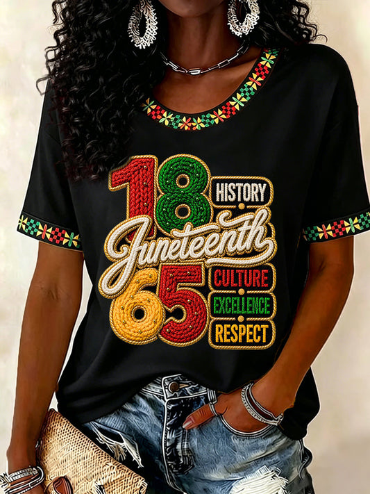 Women's Juneteenth History Culture Excellence Respect Print Casual Tee