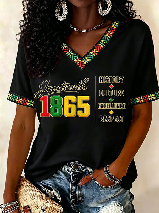 Women's Juneteenth History Culture Excellence Respect Print Casual V-Neck Tee