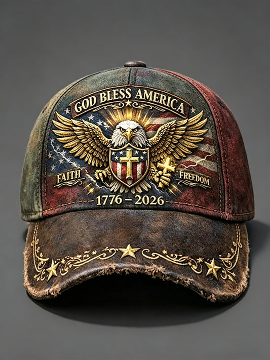 Unisex Vintage Independence Day Eagle GOD BLESS AMERICA Faith Cross Print Hat