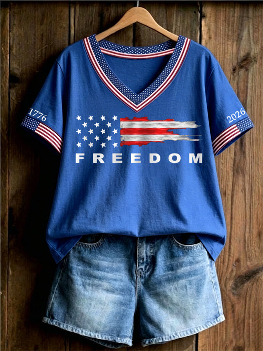 Women's Independence Day USA Flag Freedom Print Casual V-Neck Tee