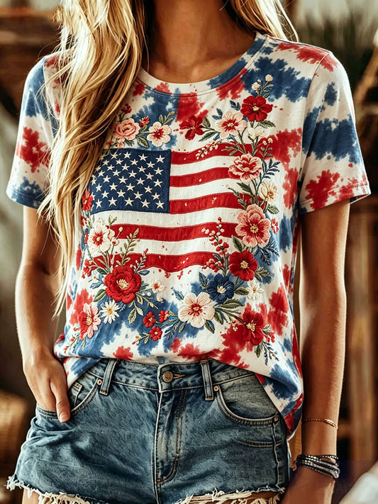 Women's American Flag Floral Print Casual T-Shirt