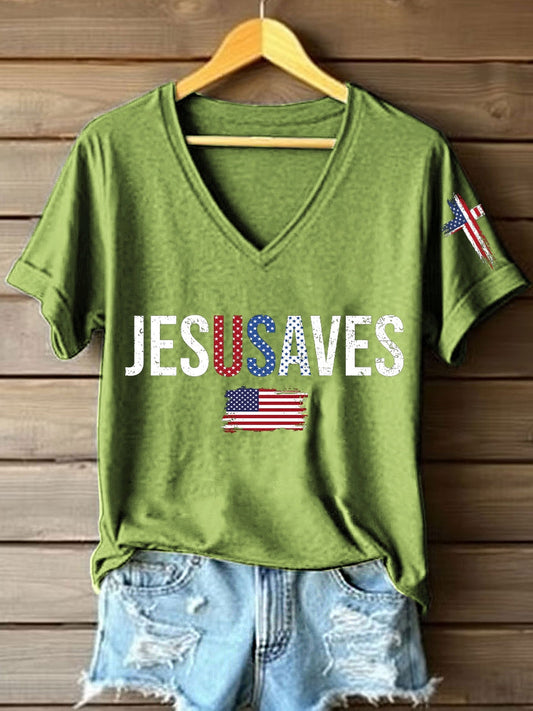 Women's Jesus Saves USA V-Neck T-Shirt
