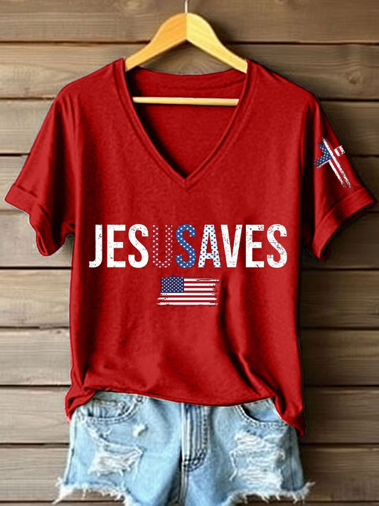 Women's Jesus Saves USA V-Neck T-Shirt