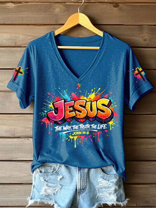 Women's Christian Jesus Cross Short Sleeve V-neck T-shirt