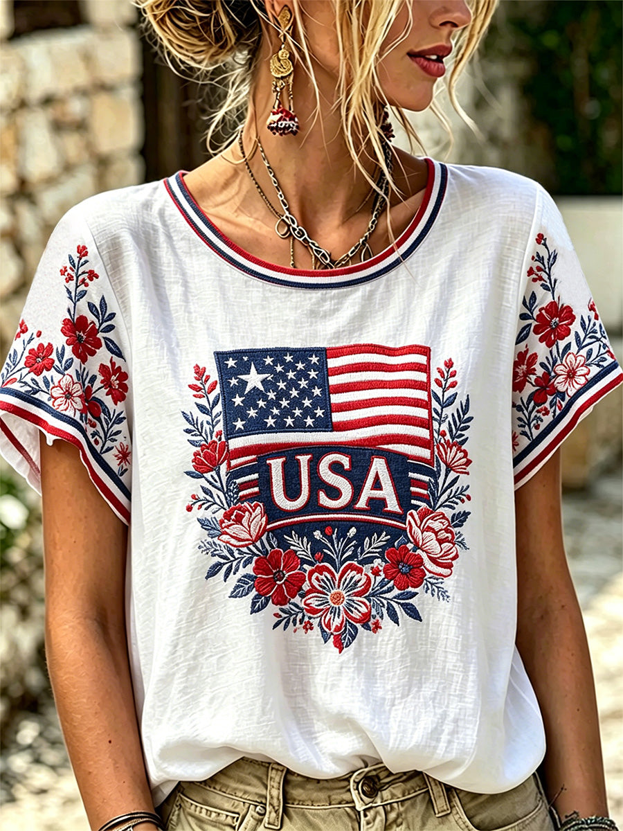 Women's Independence Day Floral USA Flag Print Tee