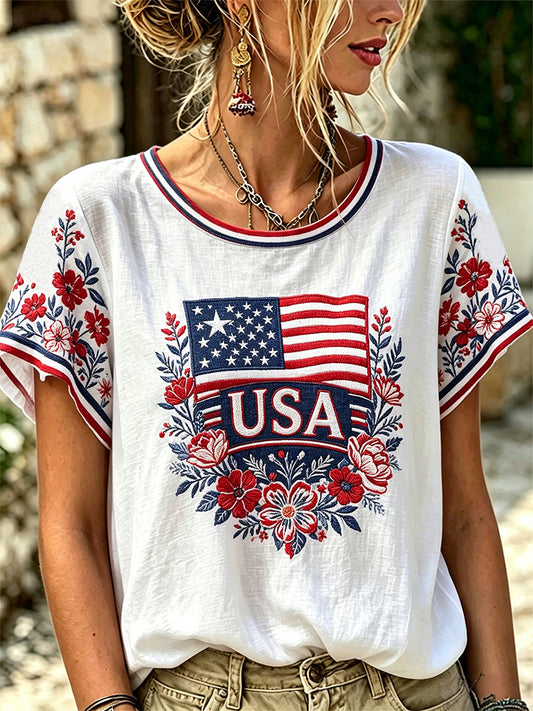 Women's Independence Day Floral USA Flag Print Tee