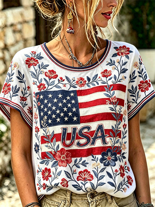 Women's Independence Day Floral USA Flag Print Tee