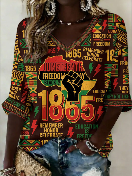 Women's Juneteenth Mid-length Sleeves V-Neck T-Shirt