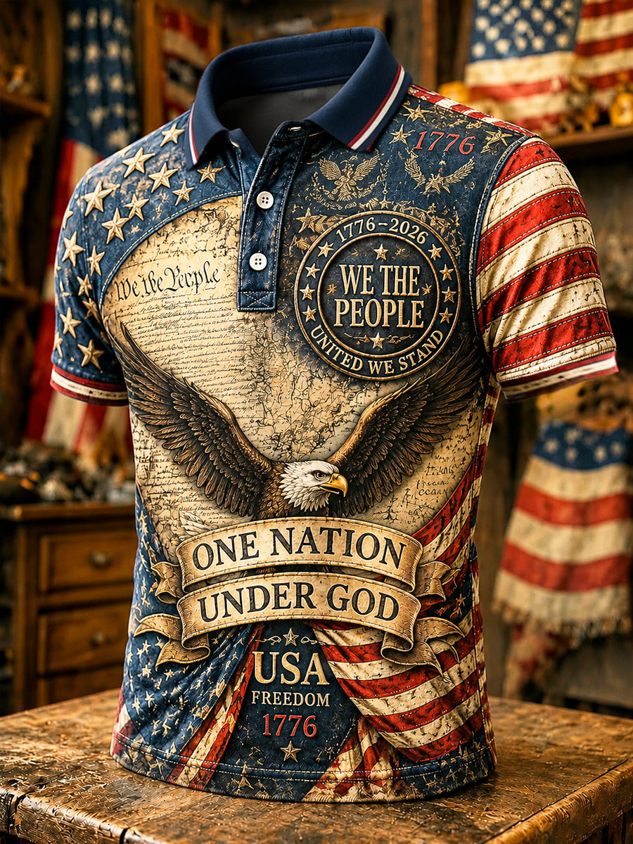 Men's Independence Day 1776 USA Flag Print Casual Polo
