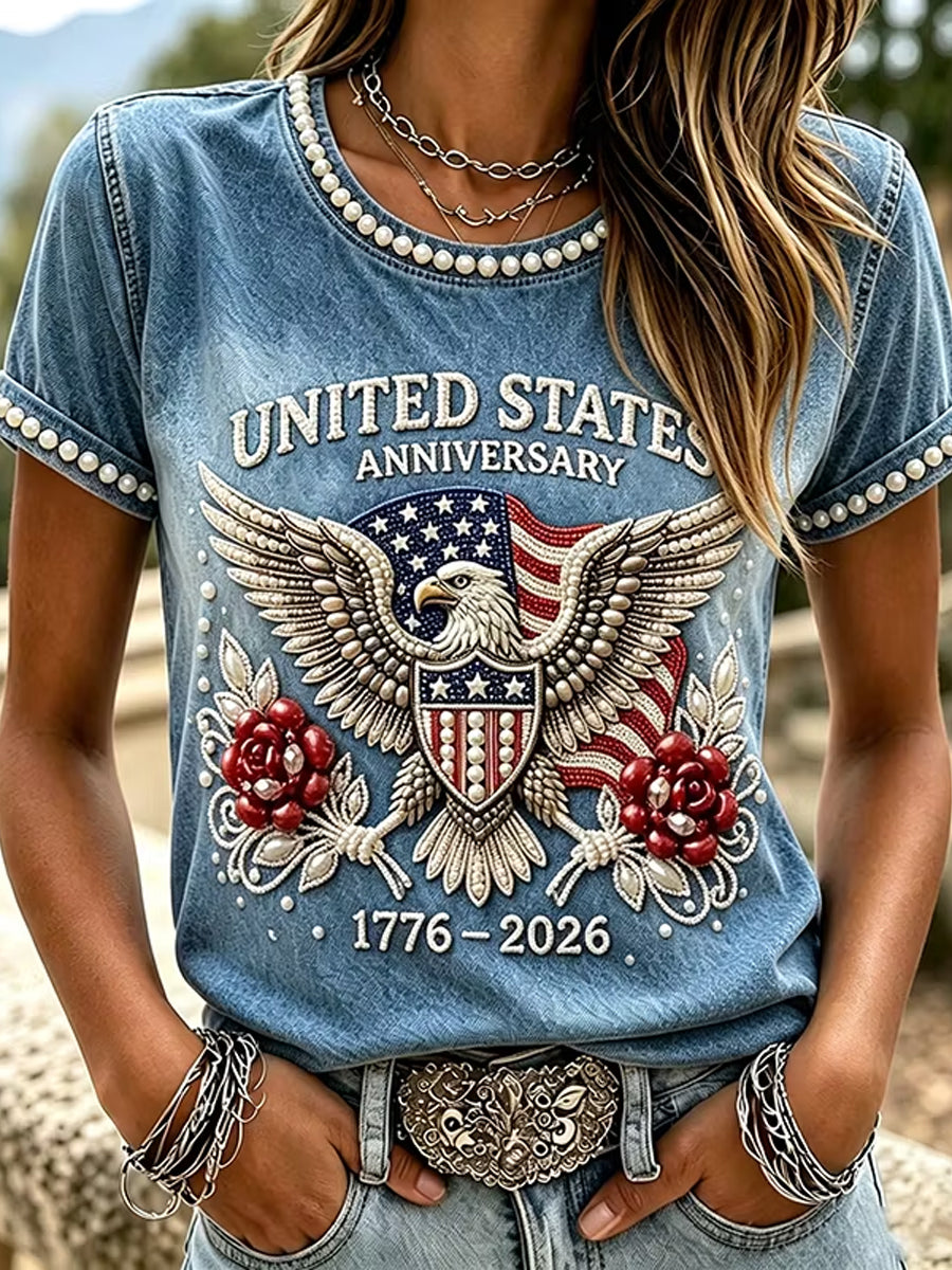 Women's Retro Independence Day USA Flag Art Print O-Neck T-Shirt