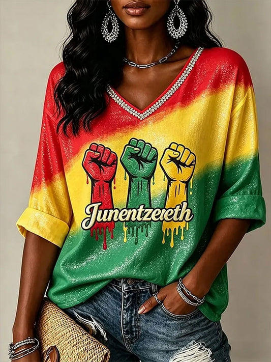 Women's Juneteenth Print Mid-length Sleeves V-Neck T-Shirt