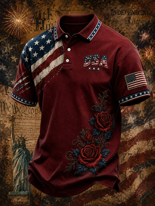 Men's Vintage Independence Day American Flag Art Print Casual Top