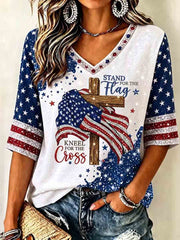 Women's Independence Day Faith Flag Art Print  V-Neck T-Shirt