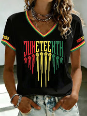 Women's Juneteenth Design Printed V-neck T-shirt