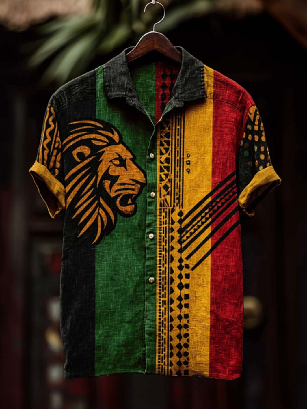Men's retro reggae color-blocked design casual linen short-sleeve shirt