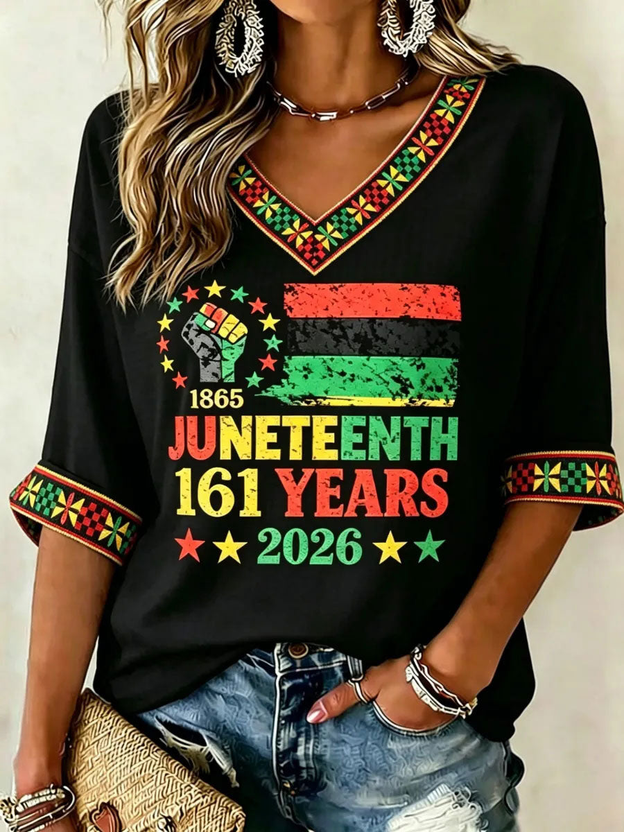 Women's Juneteenth 161 Years Mid-length Sleeves V-Neck T-Shirt