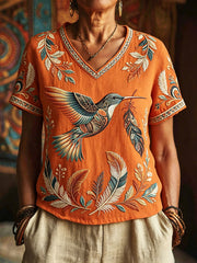 Women's Native Hummingbird Art V-Neck Tops
