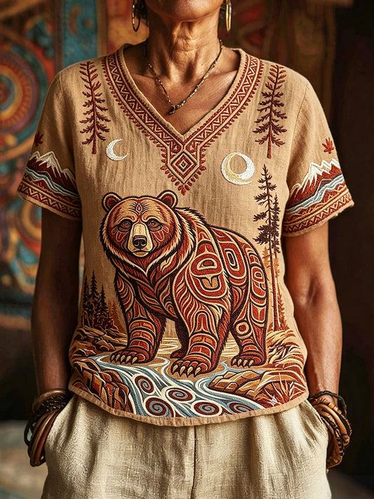 Women's Indigenous Bear Art V-Neck Tops