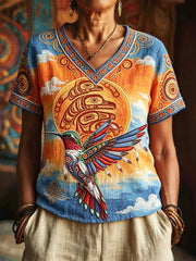 Women's Indigenous Hummingbird Art V-Neck Tops