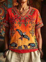Women's Indigenous Animal Art V-Neck Tops