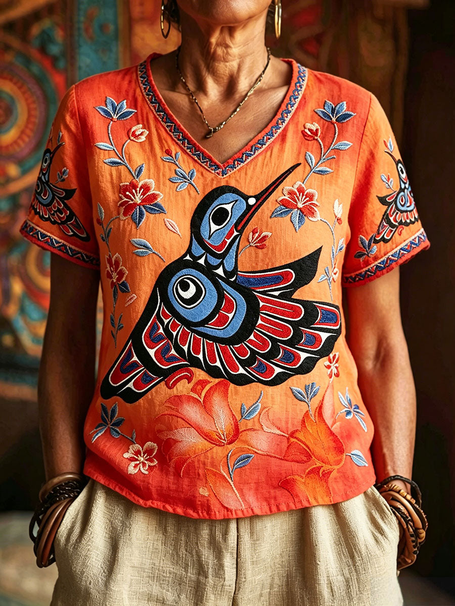Women's Indigenous Hummingbird Art V-Neck Tops