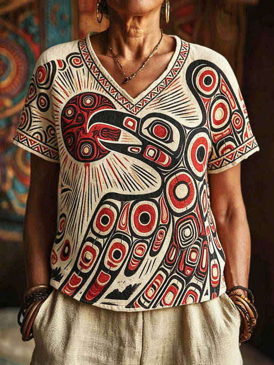 Women's Native Crow Steals the Sun Art V-Neck Tops