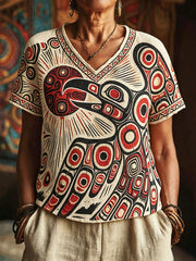 Women's Native Crow Steals the Sun Art V-Neck Tops