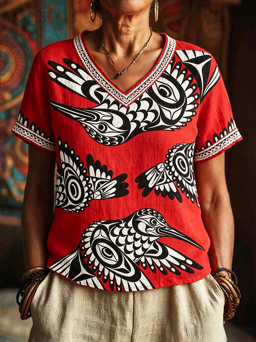 Women's Native Hummingbird Art V-Neck Tops