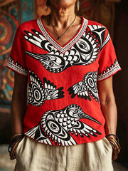 Women's Native Hummingbird Art V-Neck Tops