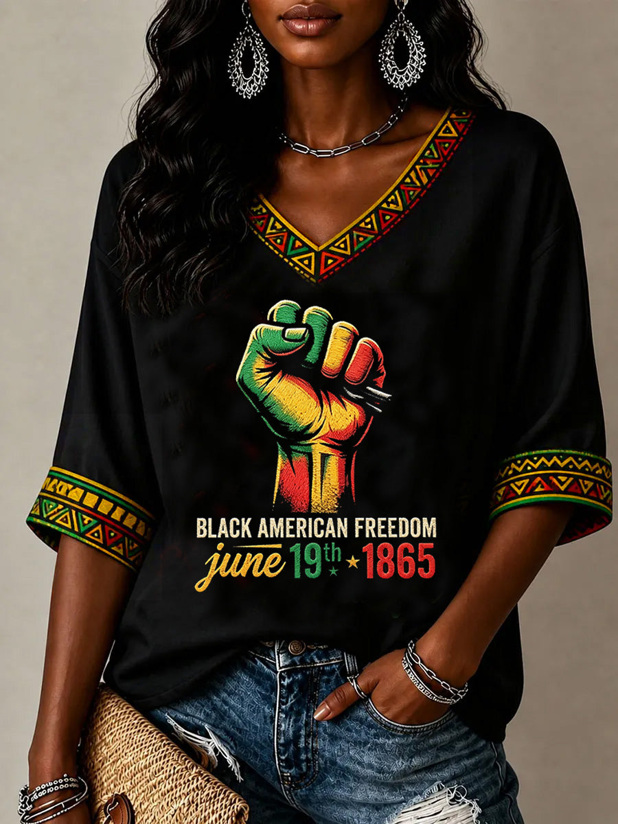 Women's Juneteenth Print V-Neck Tee
