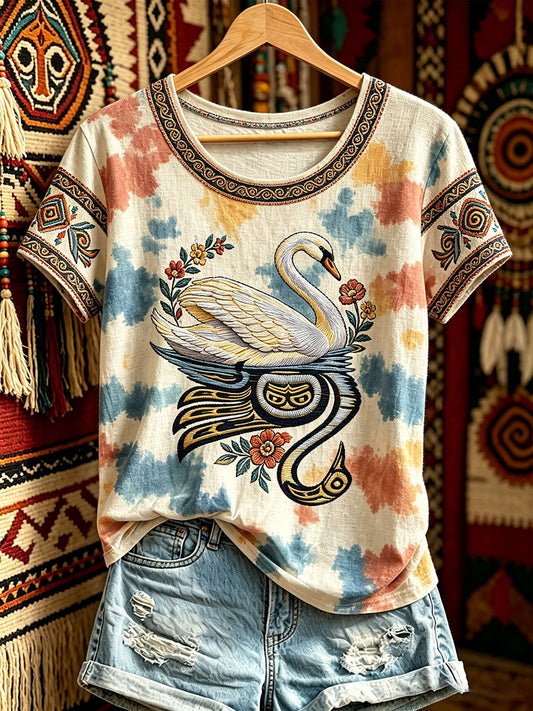 Women's Casual T-Shirt with North American Indigenous Swan Totem Design