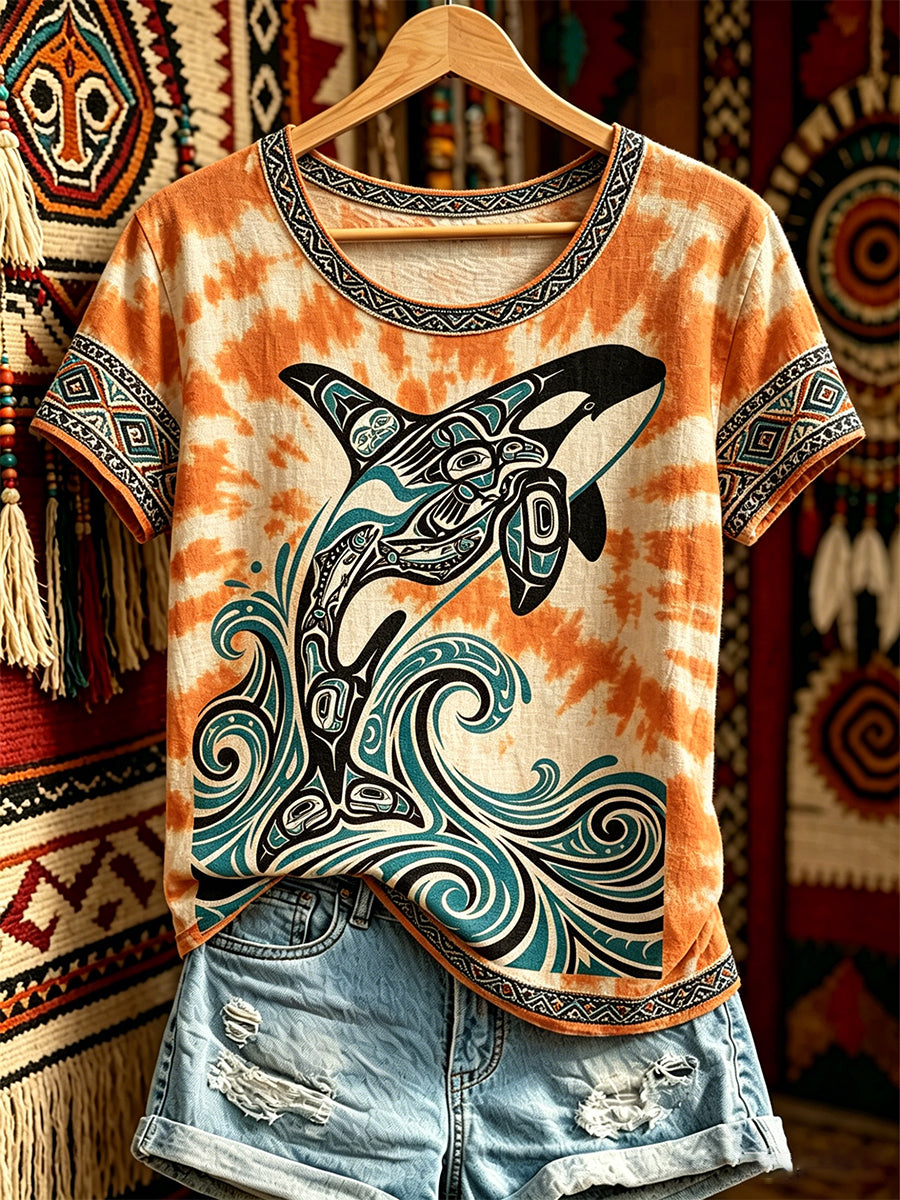 Women's Casual T-Shirt with North American Indigenous Whale Totem Design